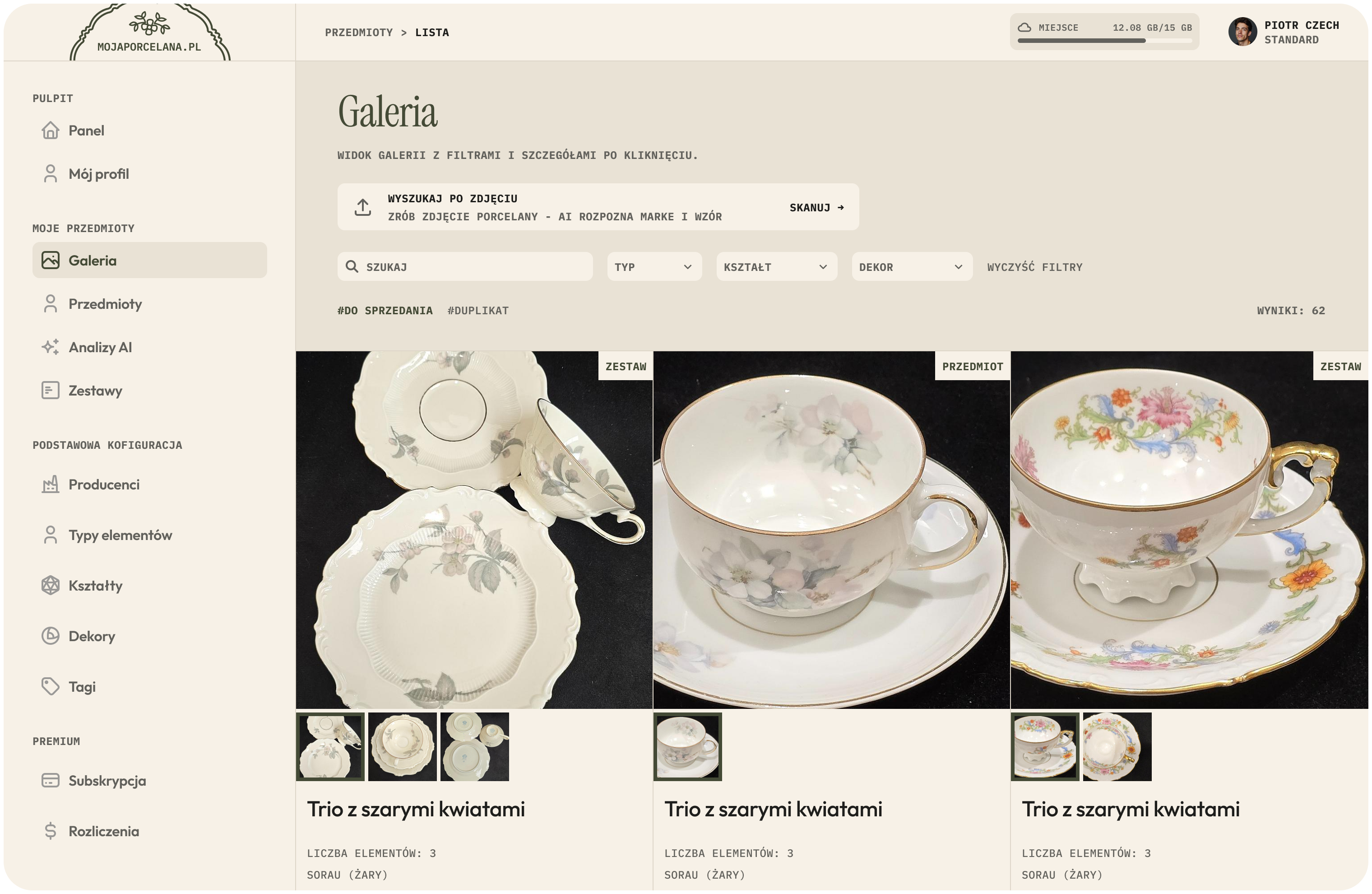 Widok galerii z filtrami i kartami elementów w mojaporcelana.pl